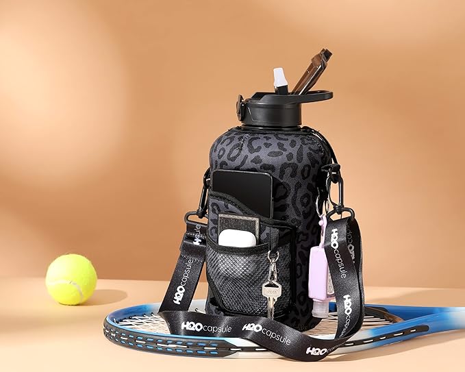 H2O Capsule 2.2L Half Gallon Water Bottle with Storage Sleeve and Removable Straw – BPA Free Large Reusable Drink Container with Handle - Big Sports Jug, 2.2 Liter (74 Ounce), Black Leopard