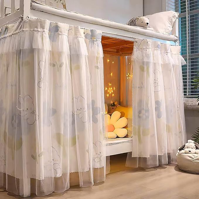 Beautiful Gauze Bunk Bed Curtains Drapes with Lace Privacy Bed Canopy for Bottom, 2 Panels, Whiterabbit