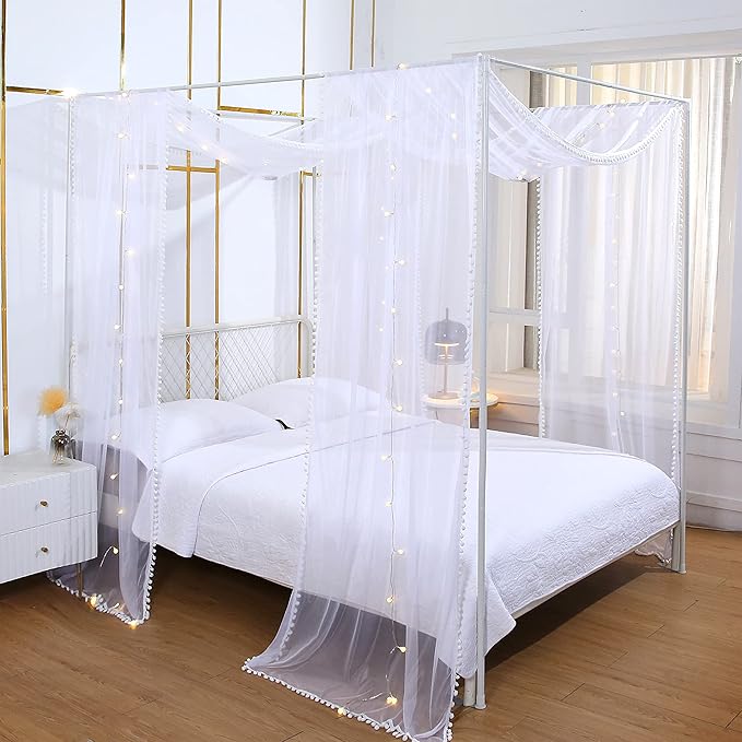 Akiky Pom Pom Canopy Bed Curtains Princess Bed Canopy Scarf for Full/Queen Metal Bed Frame,Wood Frame Bed-2 Panel Sheer Canopy Curtain(White)