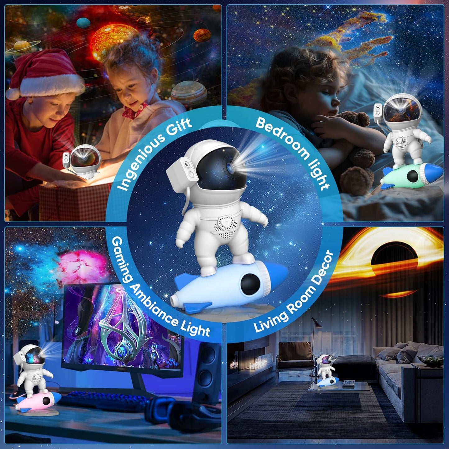 Astronaut Galaxy Projector for Bedroom with Rocket Night Light 13 Film Discs, HD Image Star Projector Galaxy Light Adjustable Knob, Planetarium Projector for Kids, 1/2h Timer Simple 4-Button Control