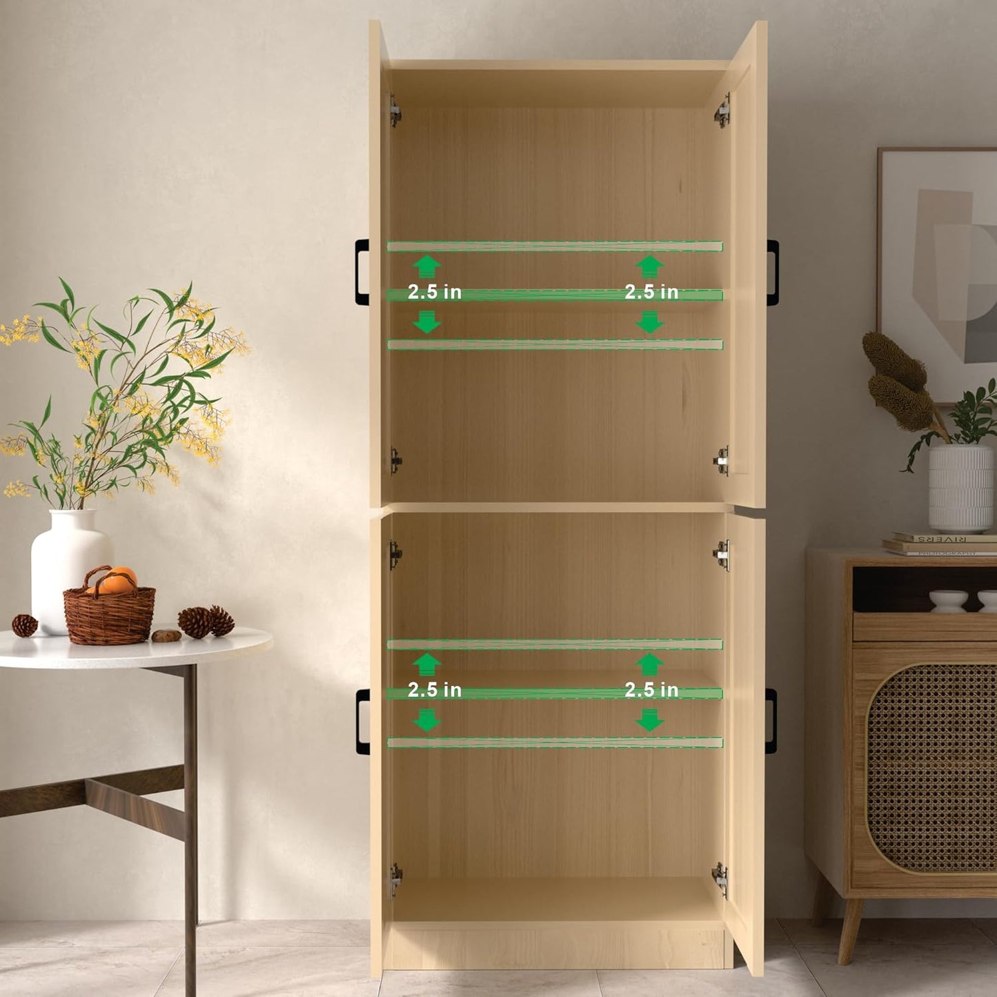 Oak Kitchen Pantry, 71" Tall Cabinet with Doors, Hutch with Storage for Dining Room