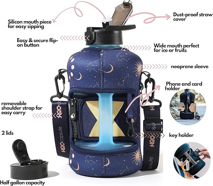 H2O Capsule 2.2L Half Gallon Water Bottle with Storage Sleeve and Covered Straw Lid – BPA Free Large Reusable Drink Container with Handle - Big Sports Jug, 2.2 Liter (74 Ounce)