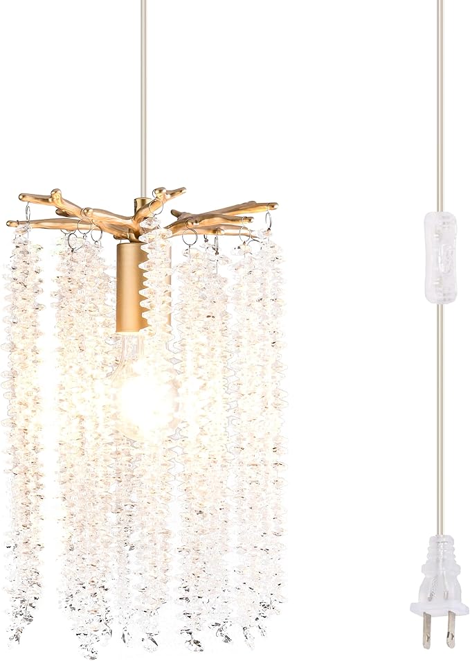 Plug in Crystal Chandelier with 15Ft Cord Modern Pendant Light for Bedroom Mini Antler Hanging Lamp for Kitchen Island Dinning Bedrooms and Hallway(1 Light)