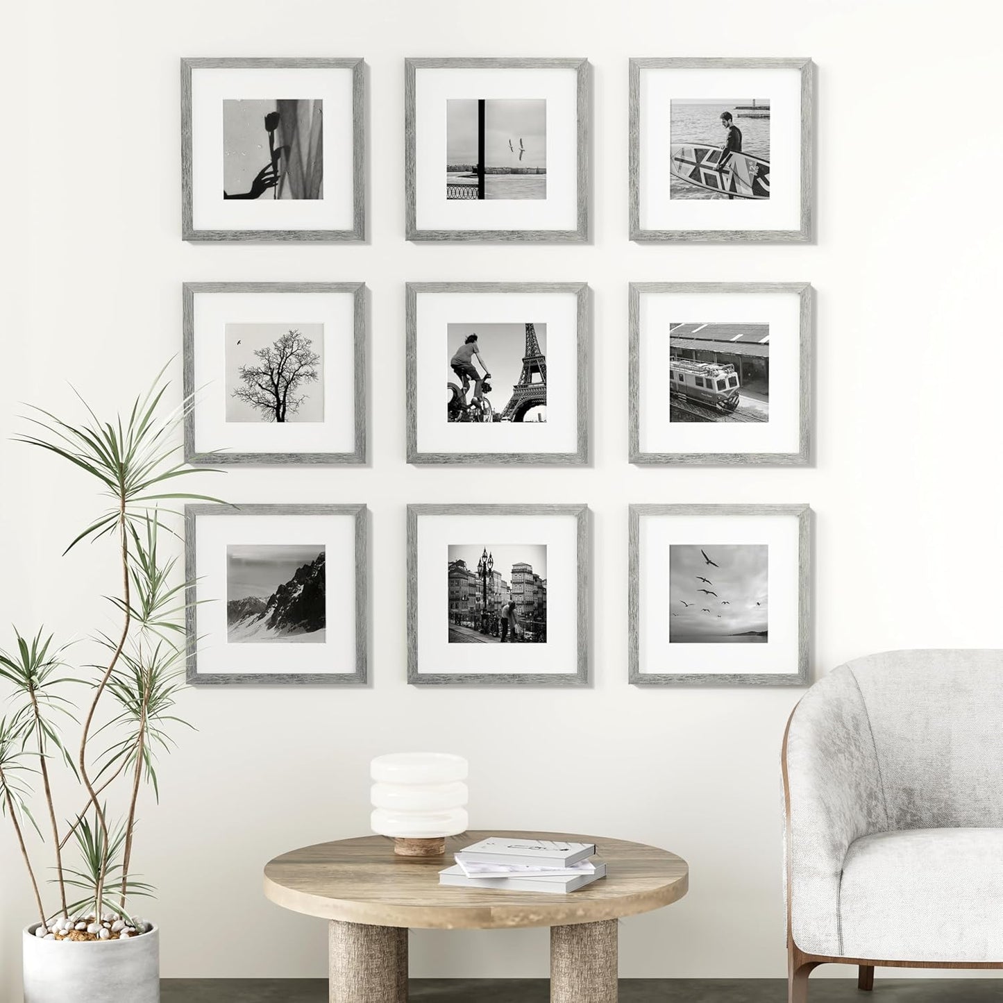 Vittanly 12x12 Picture Frames Set of 9, Shatter Resistant Plexiglass, Display 8x8 Pictures with Mat or 12x12 without Mat, Photo Frames for Wall Mount, Engineered Wood, Grey