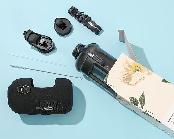 H2O Capsule 2.2L Half Gallon Water Bottle with Storage Sleeve and Removable Straw – BPA Free Large Reusable Drink Container with Handle - Big Sports Jug, 2.2 Liter (74 Ounce), Jet Black