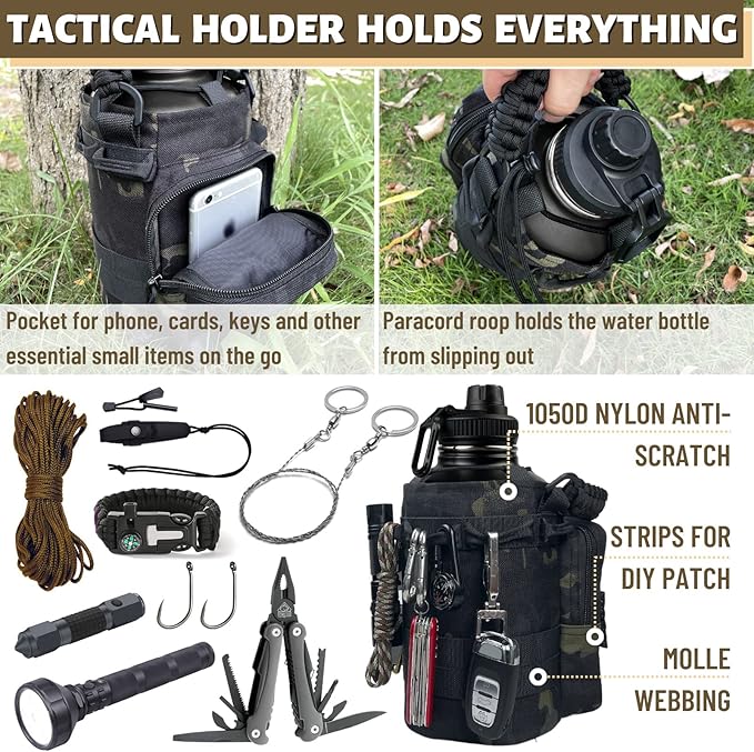 Half Gallon Water Bottle with Sleeve - 64 Oz Insulated Water Jug with Strap Stainless Steel Big Gym Water Bottles for Men Sports Workout Hiking Camo Black