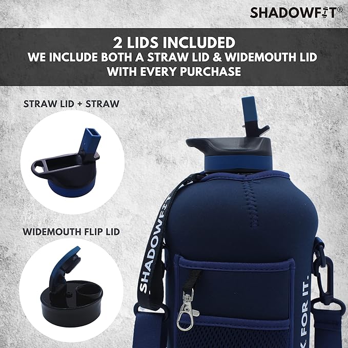Half Gallon Water Bottles (74 ounce, 2.2 Liter) with Straw Lid Handle and Storage Sleeve - Large Jug Holder with Strap for Drinking during Workout and Exercise