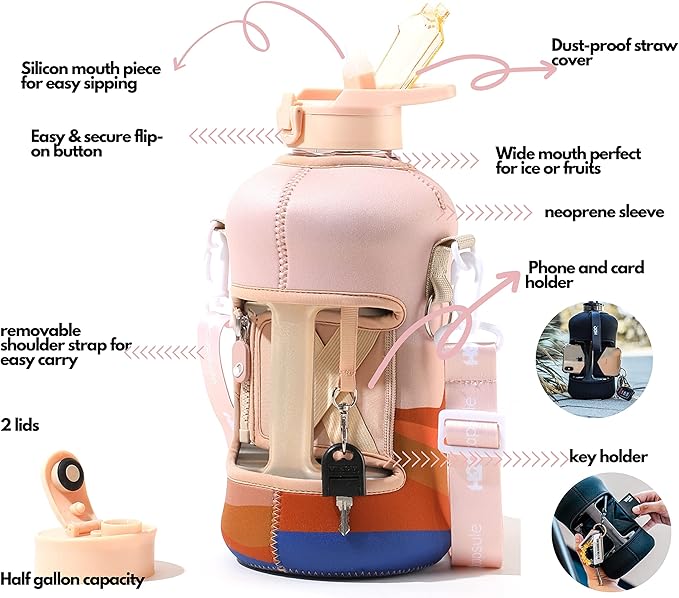 H2O Capsule 2.2L Half Gallon Water Bottle with Storage Sleeve and Covered Straw Lid – BPA Free Large Reusable Drink Container with Handle - Big Sports Jug, 2.2 Liter (74 Ounce)