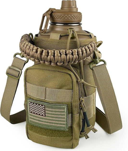 Half Gallon Water Bottle with Sleeve - 64 Oz Insulated Water Jug with Handle - Green Stainless Steel Sports Water Bottle for Gym Workout Hiking Tactical Bottle Holder with Pouch Khaki