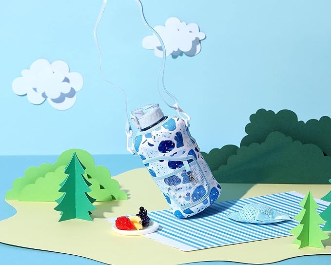 H2O Capsule 2.2L Half Gallon Water Bottle with Storage Sleeve and Removable Straw – BPA Free Large Reusable Drink Container with Handle - Big Sports Jug, 2.2 Liter (74 Ounce), Blue Collage