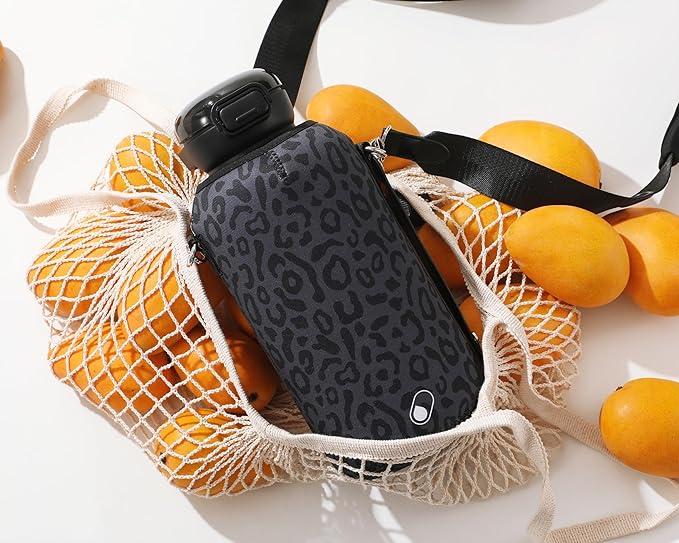 H2O Capsule Half Gallon Insulated Water Bottle With Straw - Stainless Steel Thermos Water Bottle With Sipping/Chugging Lid & Shoulder Strap For Storage - 64 oz Vacuum Flask, Hot Cold (Black Leopard)