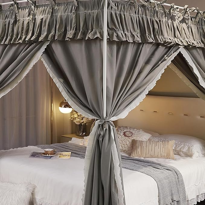 4 Corners Post Princess Ruffle Curtain Bed Canopy Lace Up Elastic Cozy Breathable Tent Mosquito Net for Girls Bedroom Decoration(Grey, 47-53" W*78" L*82"*H/Full)