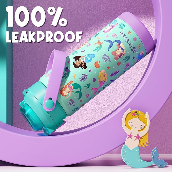 Fimibuke Kids Insulated Water Bottle with Pop-Open Straw & Spout 2-in-1 Lid, 18oz Leak Proof 18/8 Stainless Steel Vacuum Tumbler, BPA-Free Kids Cup For Travel School Boys Girls Toddler (1Pack,Mermaid)