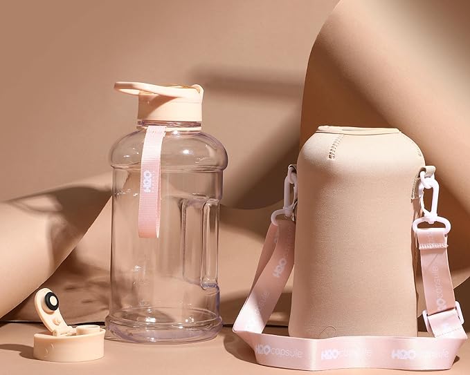 H2O Capsule 2.2L Half Gallon Water Bottle with Storage Sleeve and Covered Straw Lid – BPA Free Large Reusable Drink Container with Handle - Big Sports Jug, 2.2 Liter (74 Ounce)