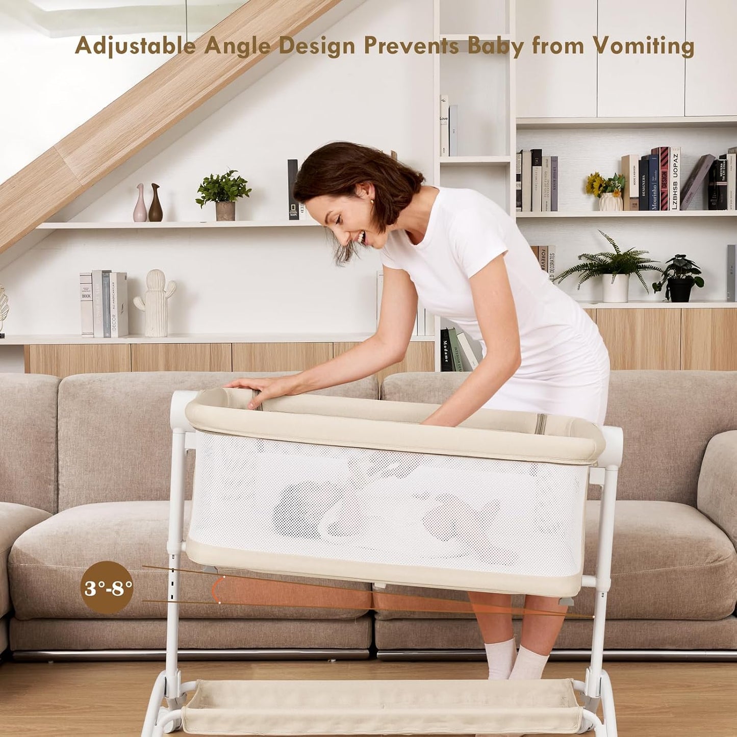 Bassinet Bedside Sleeper - All-Mesh Design, Portable Bedside Bassinet for Baby with Washable Mattress, 5 Adjustable Heights(Beige)