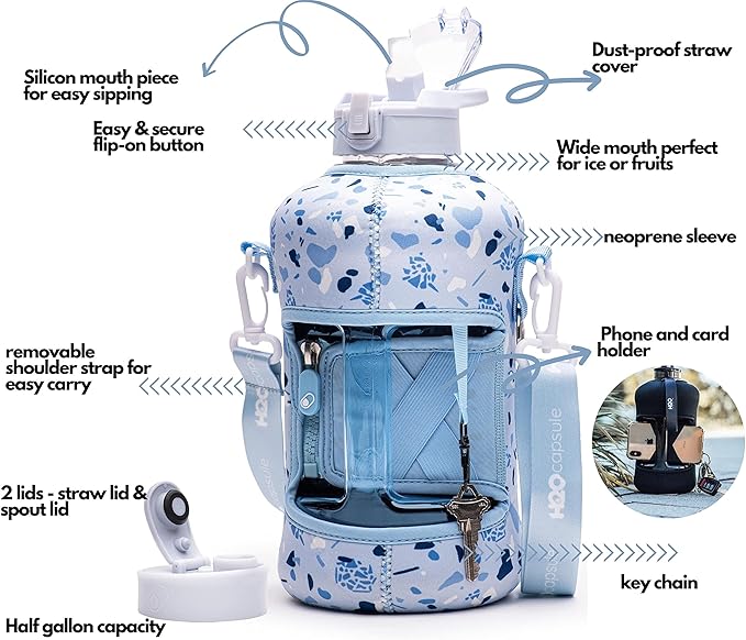 H2O Capsule 2.2L Half Gallon Water Bottle with Storage Sleeve and Covered Straw Lid – BPA Free Large Reusable Drink Container with Handle - Big Sports Jug, 2.2 Liter (74 Ounce)