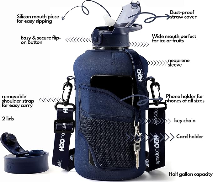 H2O Capsule 2.2L Half Gallon Water Bottle with Storage Sleeve and Removable Straw – BPA Free Large Reusable Drink Container with Handle - Big Sports Jug, 2.2 Liter (74 Ounce), Navy Blue