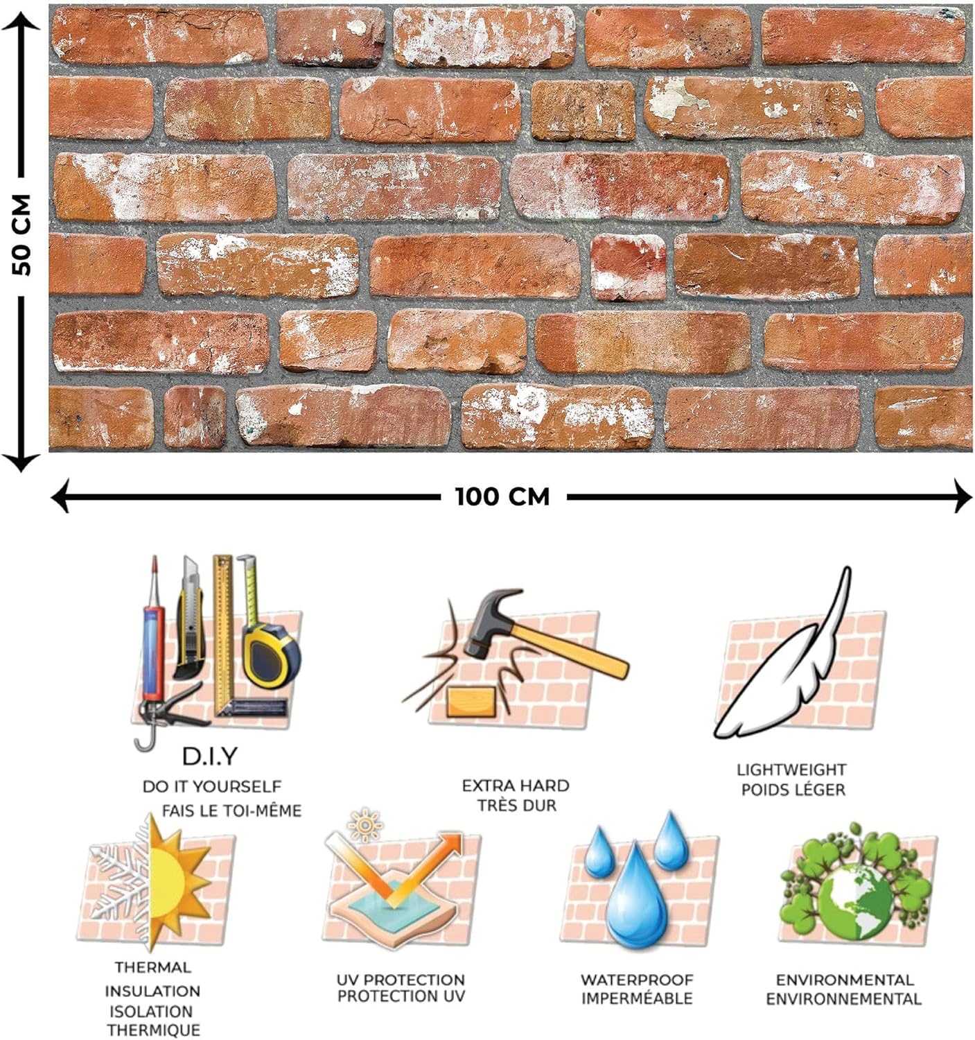 Dundee Deco 3D Wall Panels Faux Brick - Cladding, Red Orange Stone Look Wall Paneling, Styrofoam Facing for Living Room, Kitchen, Bathroom, Balcony, Bedroom, Set of 5, Covers 27 sq ft