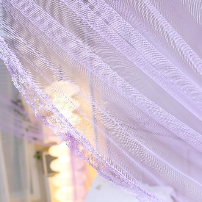 Bed Canopy, Princess Bed Curtain Net for Girls & Adults,Three-Doors Rectangle Lace Dome Netting (Purple, Queen)