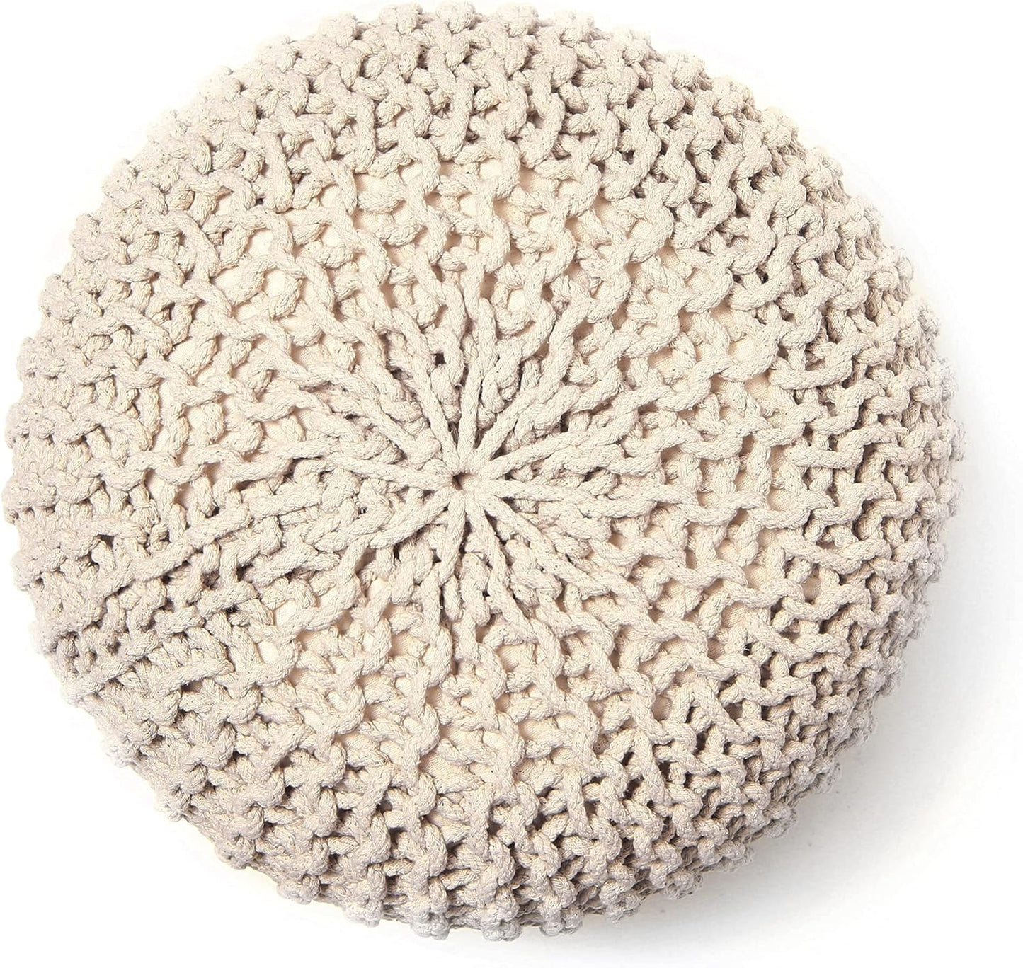 REDEARTH Round Pouf Ottoman - Cable Knitted Boho Poof - Home Décor Cord Pouffe Handmade Circular Footrest for Living Room - Bedroom - Kids Bedroom - 100% Cotton Pouf (19.5"x19.5"x14") - Ivory