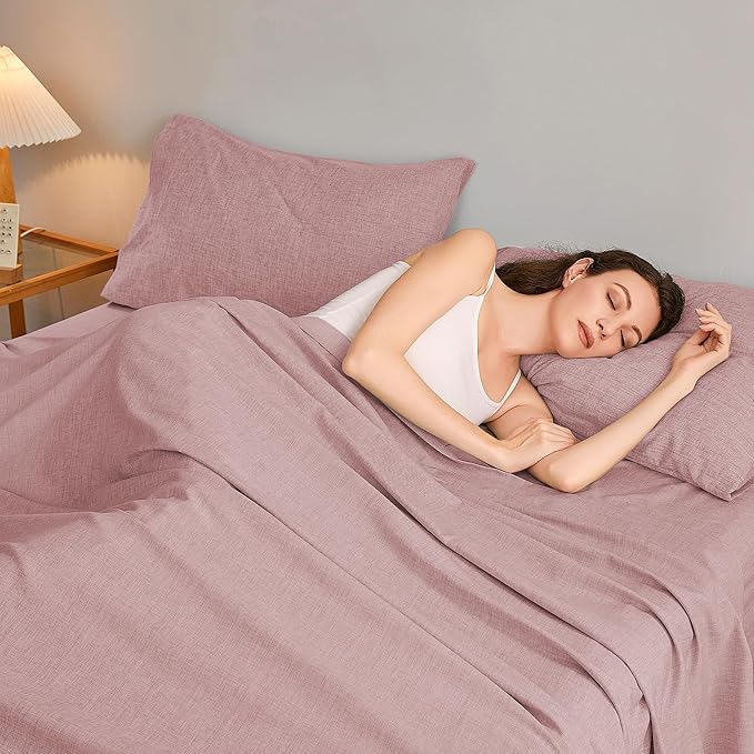 Full Sheets Wine Red, Ultral Soft Cationic Linen Look Sheets, Luxury Cooling Cozy Bed Sheet Set with Non-Slip Fitted Sheet