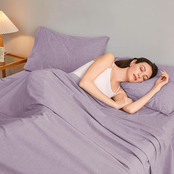 King Sheets Purple, Ultral Soft Cationic Linen Look Sheets, Luxury Cooling Cozy Bed Sheet Set with Non-Slip Fitted Sheet