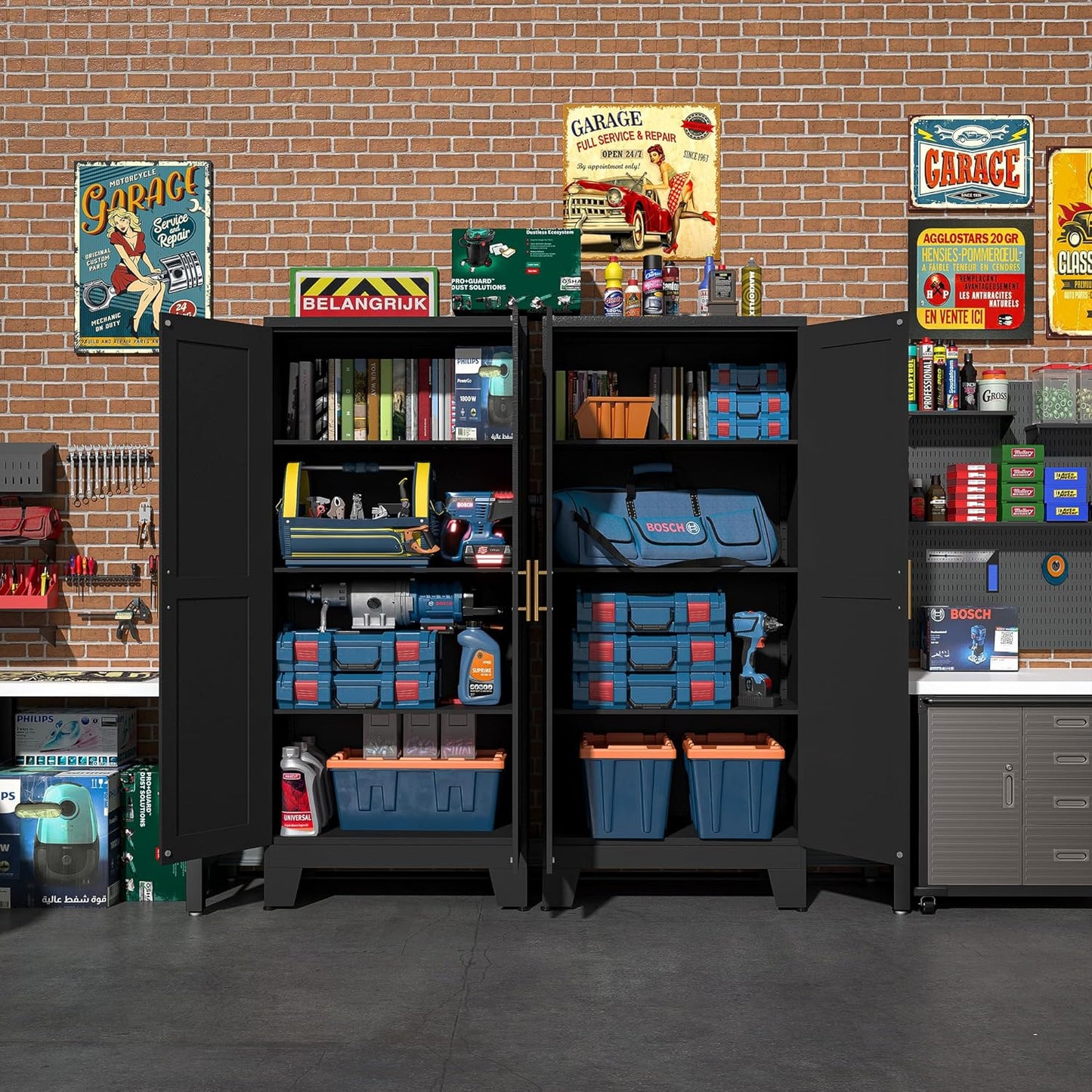 Black Metal Storage Cabinet, 61" Steel Cabinets for Home Office, Kitchen Pantry Storage Cabinet with Doors and 3 Adjustable Shelves, Metal Tool Cabinet, for Office, Home, Garage, School