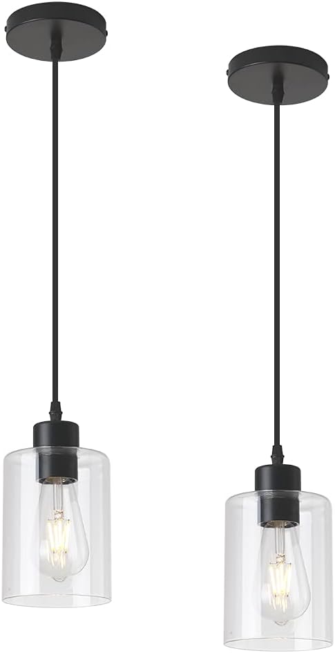 Modern Black Farmhouse Clear Glass Cylinder Pendant Light Fixture,Island Lights for Kitchen,Mini Pendant Lighting for Kitchen Island Decor - 4.75 Inch Shade 58 Inch Cord (Black 2 Pack)