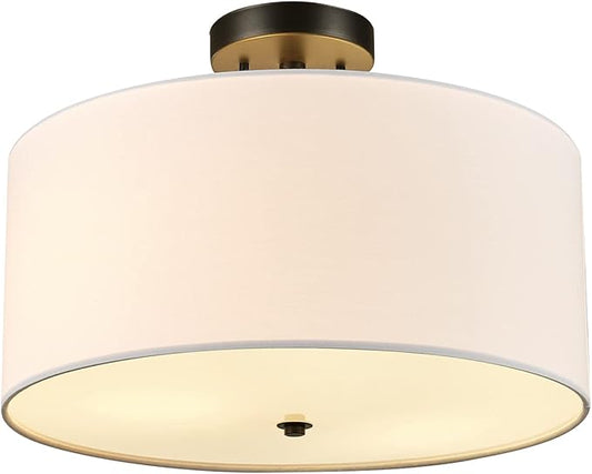 Globe Electric 61272 Maria 1-Light Flush Mount Ceiling Light, Dark Bronze, White Fabric Shade,Brown, Bulb Not Included