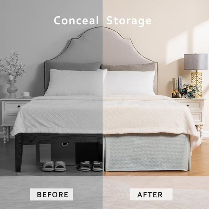 MIYE Pleated Waffle Weave Bed Skirt, Tailored Dust Ruffle 14 Inch Drop Easy Fit, Machine Washable (Light Grey, King - 14" Drop)