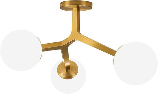 Semi Flush Mount Ceiling Light Fixture 3-Light Modern Gold Sputnik Chandelier with Globe Milky Frosted Glass Shade E12 Sputnik Ceiling Light for Kitchen, Hallway Light Fixtures Ceiling