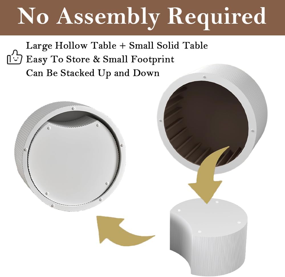 Round Nesting Coffee Table White Round Fluted Coffee Table Set of 2 for Living Room Small Circle Drum Coffee Tables Crescent End Table (White A 27in)