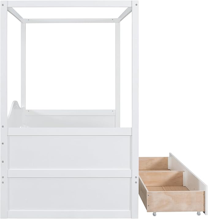 Twin Size Canopy Day Bed with 2 Drawers, White Finish, Sturdy Pine Wood and MDF, Built in Backrest, Space-Saving Design, Fits Curtains and Decorations,77.6"x 41.3"x66.1"
