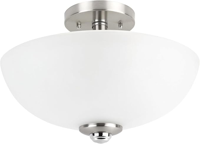 Globe Electric 63357 2-Light Semi-Flush Mount Ceiling Light, Brushed Nickel, Chrome Accents, Frosted Glass Shade, Kitchen, Lights, Bathroom, Home Essentials, Bedroom, Closet Light, Lighting Fixtures
