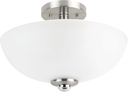 Globe Electric 63357 2-Light Semi-Flush Mount Ceiling Light, Brushed Nickel, Chrome Accents, Frosted Glass Shade, Kitchen, Lights, Bathroom, Home Essentials, Bedroom, Closet Light, Lighting Fixtures