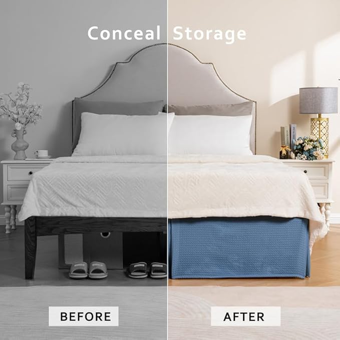 MIYE Pleated Waffle Weave Bed Skirt, Tailored Dust Ruffle 12 Inch Drop Easy Fit, Machine Washable (Blue, King - 12" Drop)