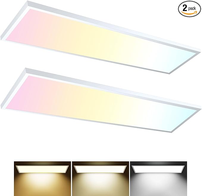 AIKVSXER 1x4 LED Flat Panel Light CPANL Surface Mount LED Ceiling Light, 5500LM 50W TRIAC 10-100% Dimmable, 3000/4000/5000k Selectable, 120V LED Kitchen Ceiling Light Fixtures for Garage/Laundry 2PACK
