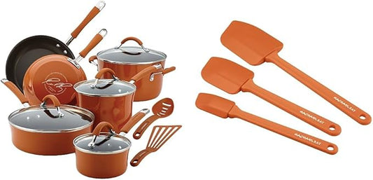 Rachael Ray Cucina Nonstick Cookware Pots and Pans Set, 12 Piece, Pumpkin Orange & 3-Piece Spatula Utensil Set, Orange
