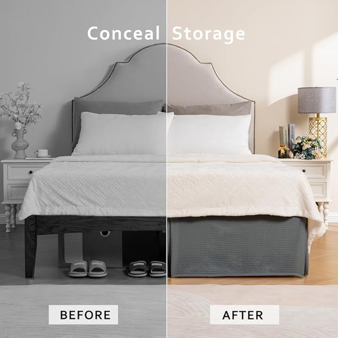 MIYE Pleated Waffle Weave Bed Skirt, Tailored Dust Ruffle 16 Inch Drop Easy Fit, Machine Washable (Dark Grey, Twin - 16" Drop)