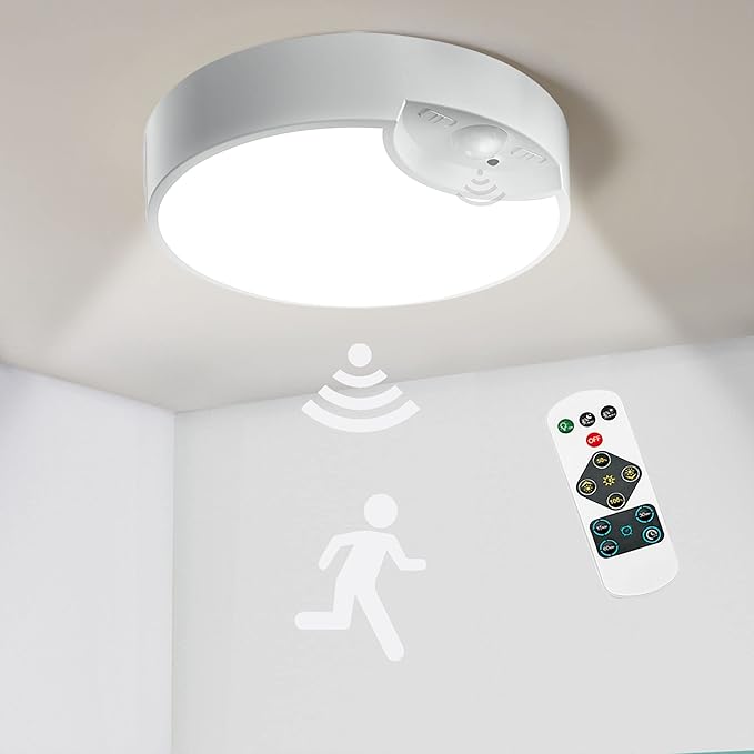 Motion Sensor Ceiling Light Battery Operated, Wireless LED Wall Lighting Fixture with Remote, Dimmable, Timer, Daylight for Closet, Bathroom, Shower, Garage, Pantry, Stairs