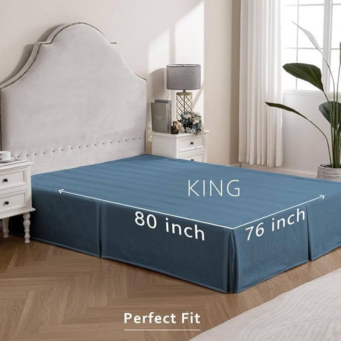 MIYE Pleated Waffle Weave Bed Skirt, Tailored Dust Ruffle 12 Inch Drop Easy Fit, Machine Washable (Blue, King - 12" Drop)