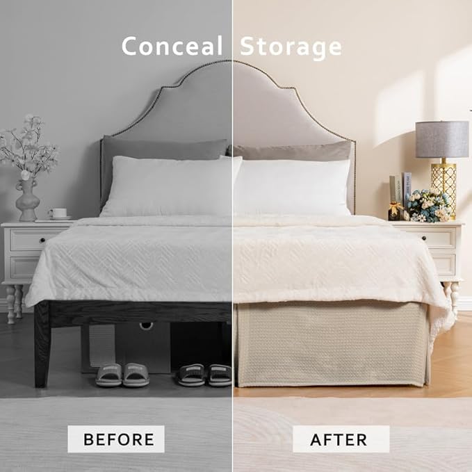 MIYE Pleated Waffle Weave Bed Skirt, Tailored Dust Ruffle 16 Inch Drop Easy Fit, Machine Washable (Cream, King - 16" Drop)