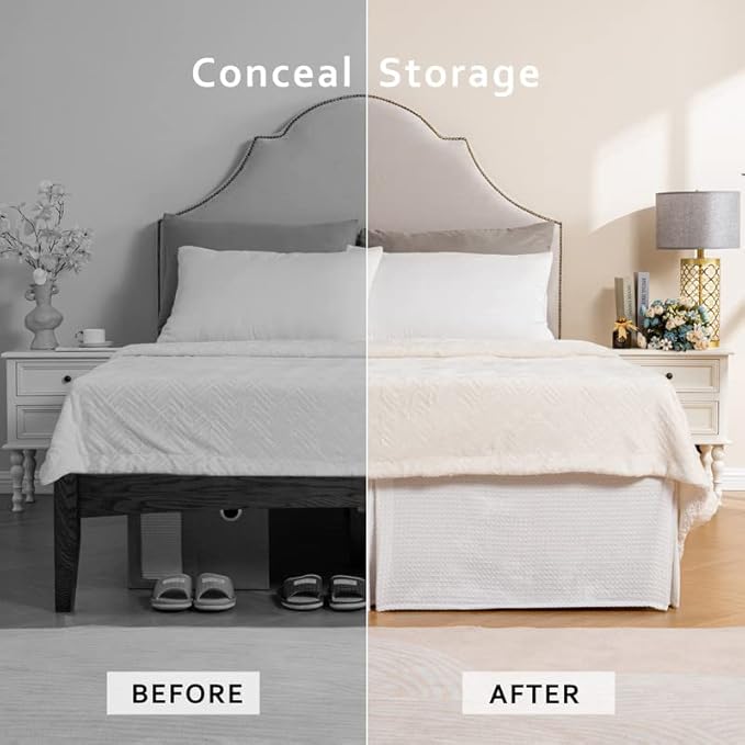 MIYE Pleated Waffle Weave Bed Skirt, Tailored Dust Ruffle 18 Inch Drop Easy Fit, Machine Washable (White,Cal King - 18" Drop)