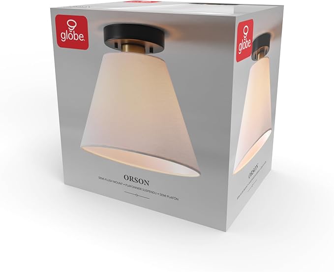 Globe Electric 1-Light Semi-Flush Mount Ceiling Light, Matte Black, Matte Brass Accent, White Linen Shade, Home Improvement, Dining Room, Kitchen