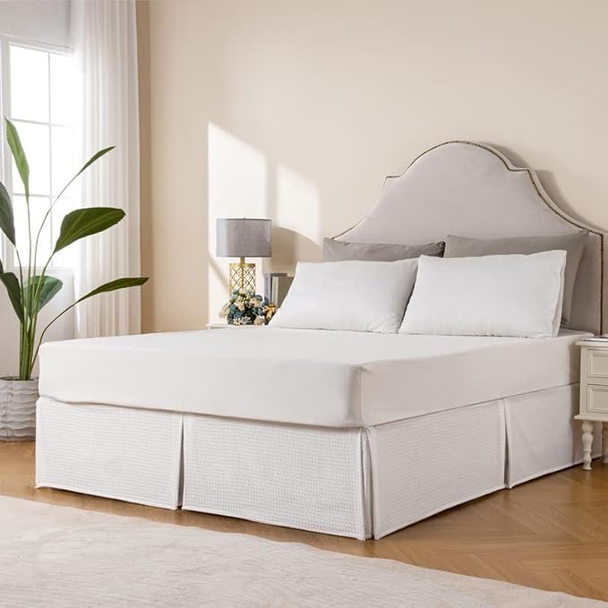 MIYE Pleated Waffle Weave Bed Skirt, Tailored Dust Ruffle 16 Inch Drop Easy Fit, Machine Washable (White, King - 16" Drop)