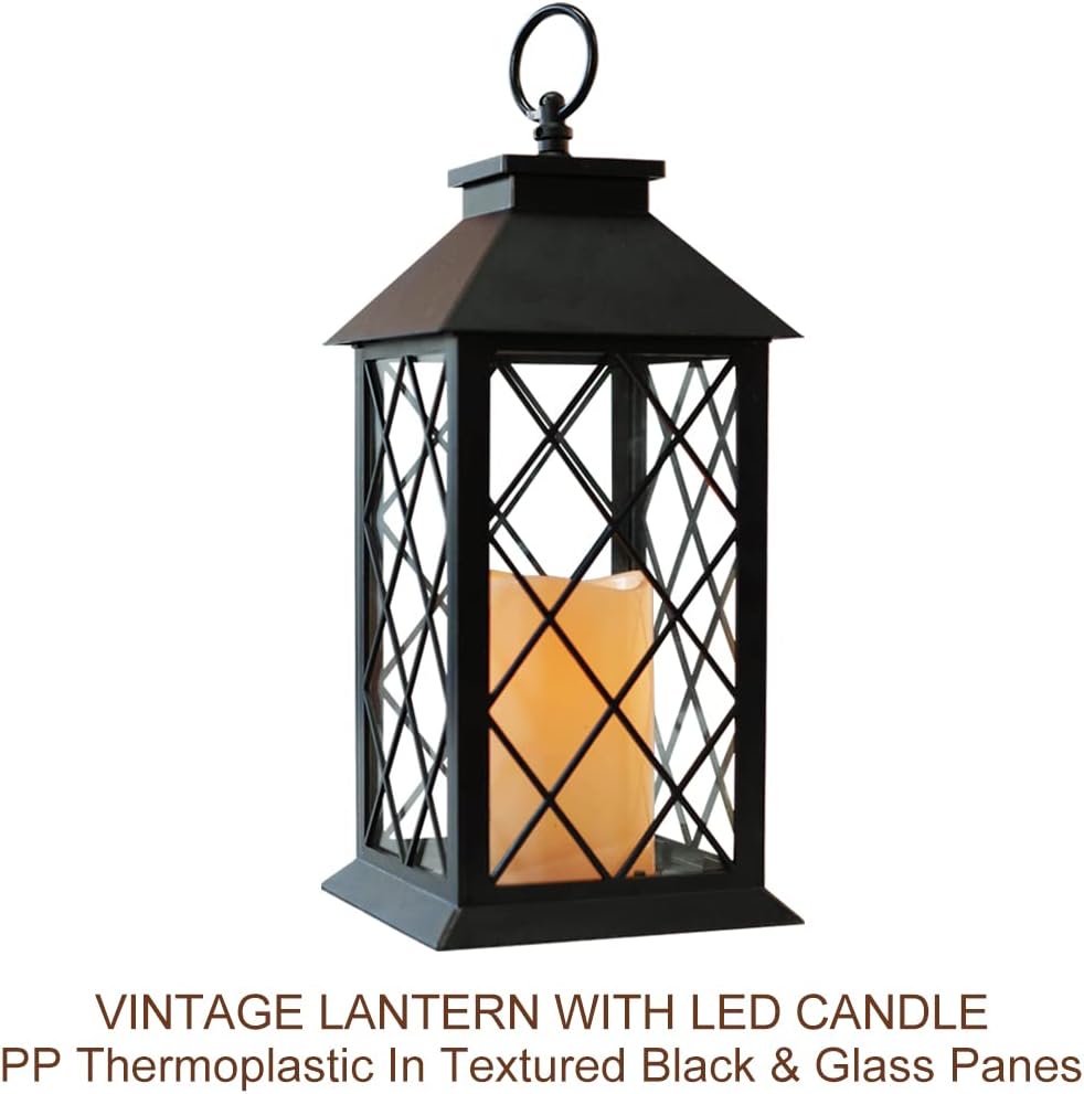 Bright Zeal 13.5" Black Vintage Candle Lantern with LED Pillar Candle and Timer - IP44 Waterproof Porch Light - Tabletop Lantern Decorative Outdoor