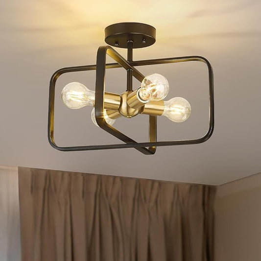 Emak Black and Gold Ceiling Light Fixture, Modern 16 Inch Semi Flush Mount Ceiling Lights with Metal Frame, 4 Light Fixtures Ceiling Mount for Hallway, Bedroom, Bathroom, Kitchen, FM084-BKBGD