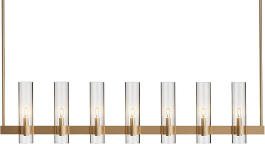 Brass Kitchen Island Lighting- 7-Light Linear Chandelier, Adjustable 47'' Modern Farmhouse Rectangle Pendant Light Fixtures, Dining Room, Bedroom