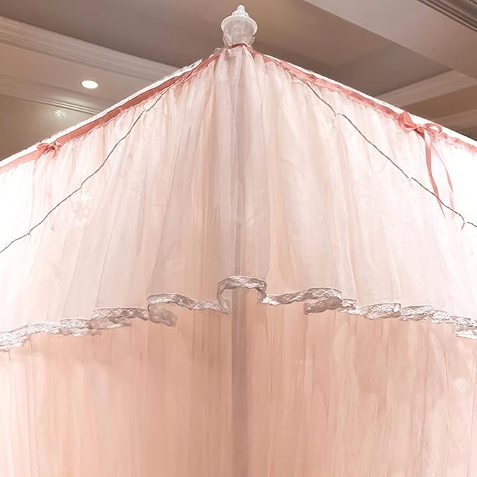 Mengersi Canopy Bed Curtains with Lights,4 Corner Bed Canopy Royal Luxurious Bed Drapes Netting,Princess Bed Curtains for Girls Adults Bedroom Decoration (Peach, California King)
