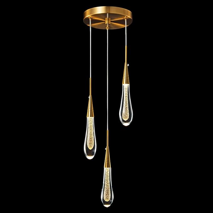 LMQNINE Kitchen Light Fixtures Ceiling Dimmable LED Modern Gold Pendant Light Mini Teardrop Crystal Pendant Light for Kitchen Island Bedroom Hallway Entryway (3-Light)